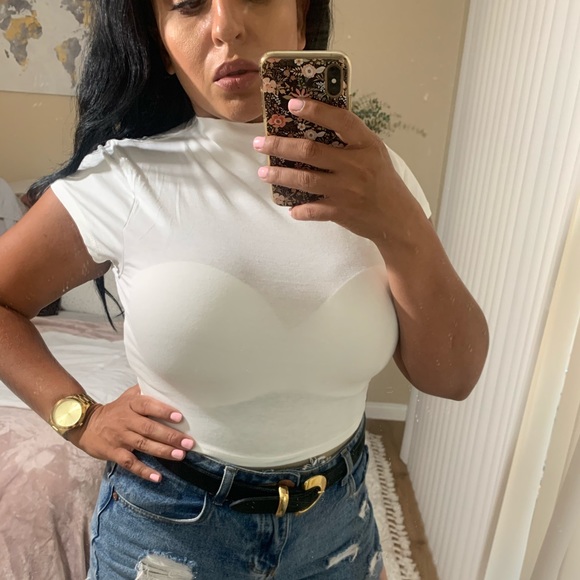 KariCam Fashion Tops - NEW Mock Turtle Neck Short Sleeve Crop WHITE Top